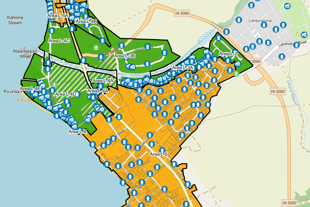 The green areas, including Area L-3B where the apartment complex was, show where water is safe for unrestricted use following additional testing. (Maui County/2024)